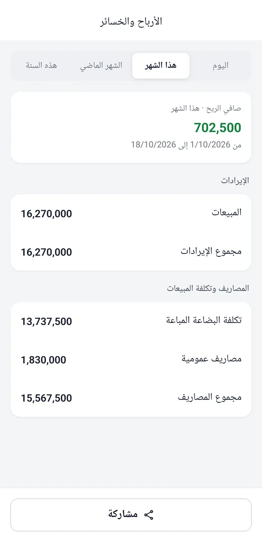 الأرباح والخسائر لهذا الشهر